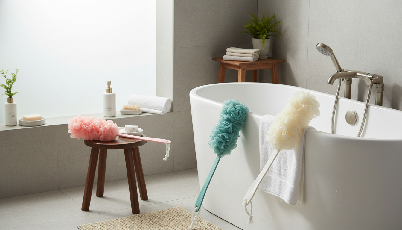 Easy-Reach Back Cleaning: Long Handle Mesh Scrubber
